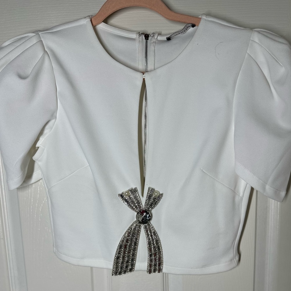 Women’s White Short Sleeve Embellished Top